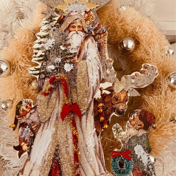 SANTA CLAUS*ST. NICHOLAS*CHRISTMAS DRESDEN VICTORIAN ORNAMENT*ELVES REINDEER WOW - Picture 6 of 6